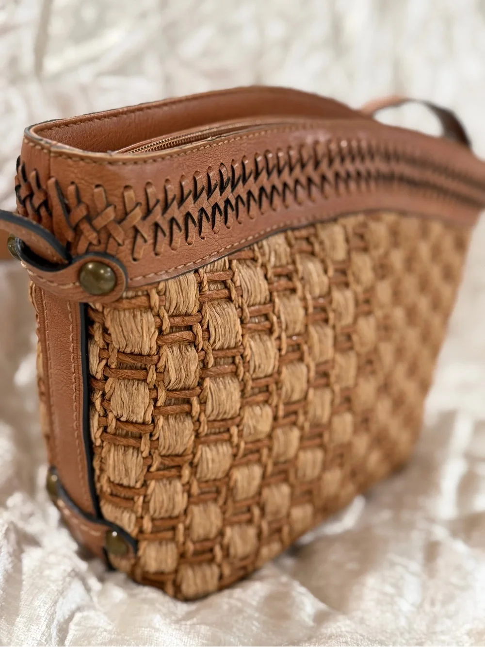 Vintage Fossil Woven Raffia & Leather Shoulder Bag - Brown